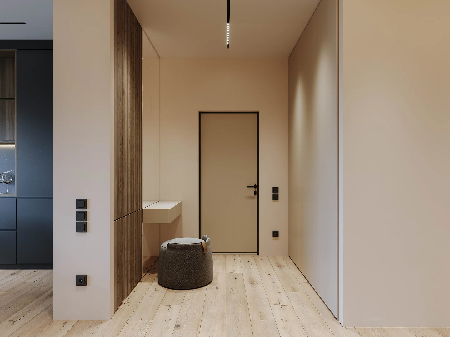 Voilage en lin filtrant la lumière le long d’un panneau en bois.