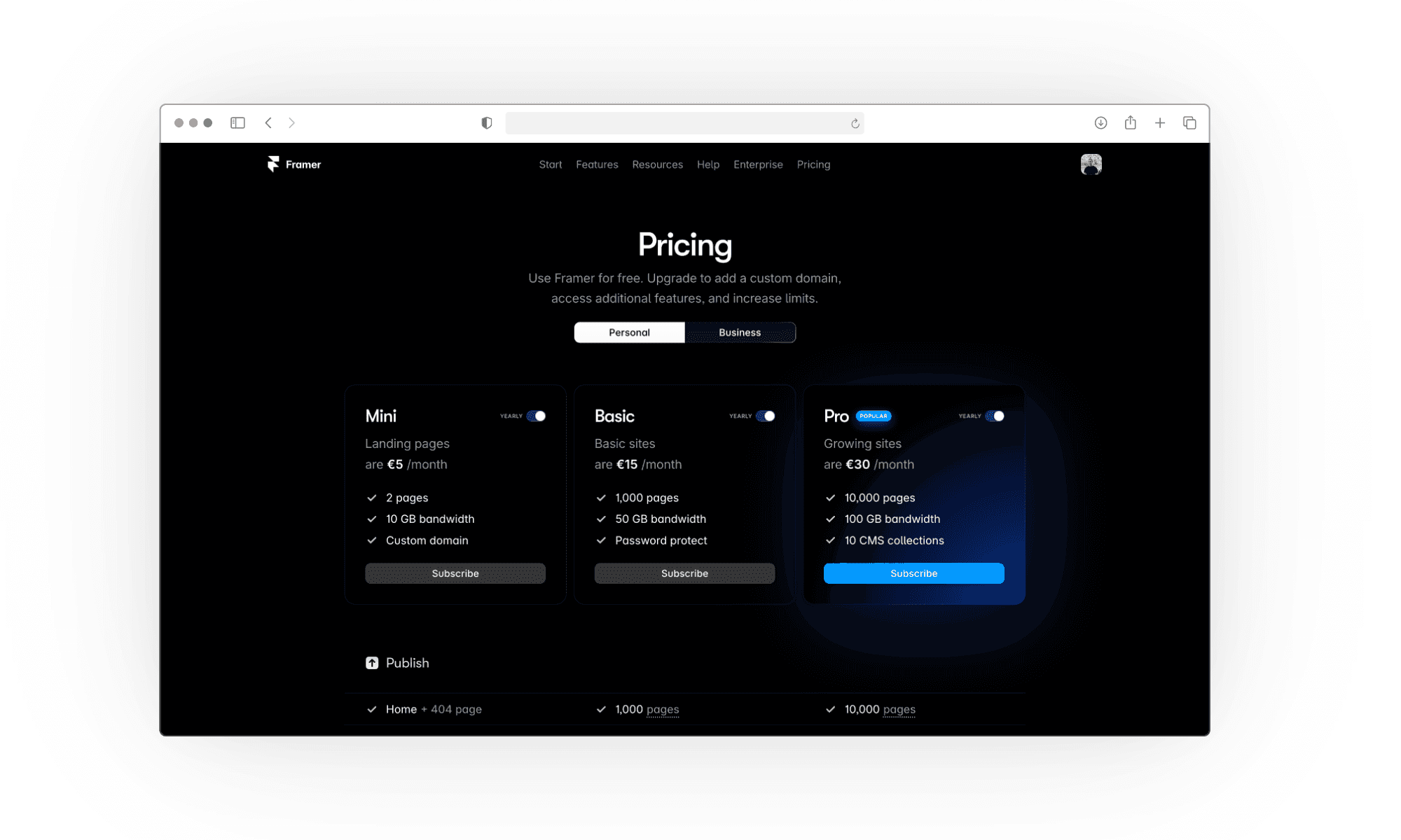 Framer's pricing page