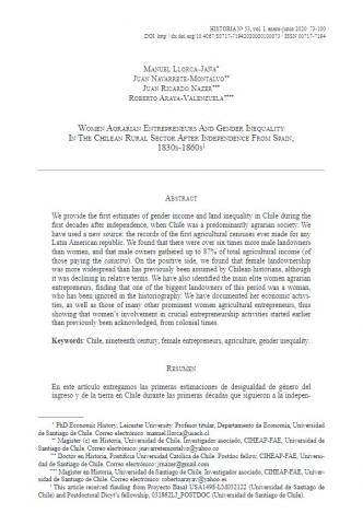 Women Agrarian Entrepreneurs And Gender Inequality In The Chilean Rural Sector After Independence From Spain, 1830s-1860s