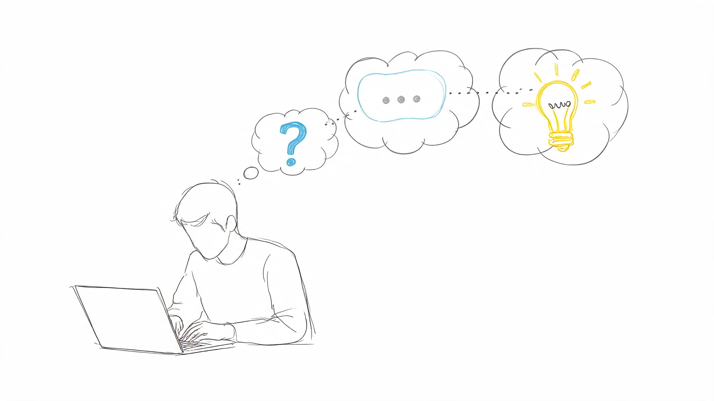 A line art drawing of a person working on a laptop with thought bubbles representing a problem-solving process.