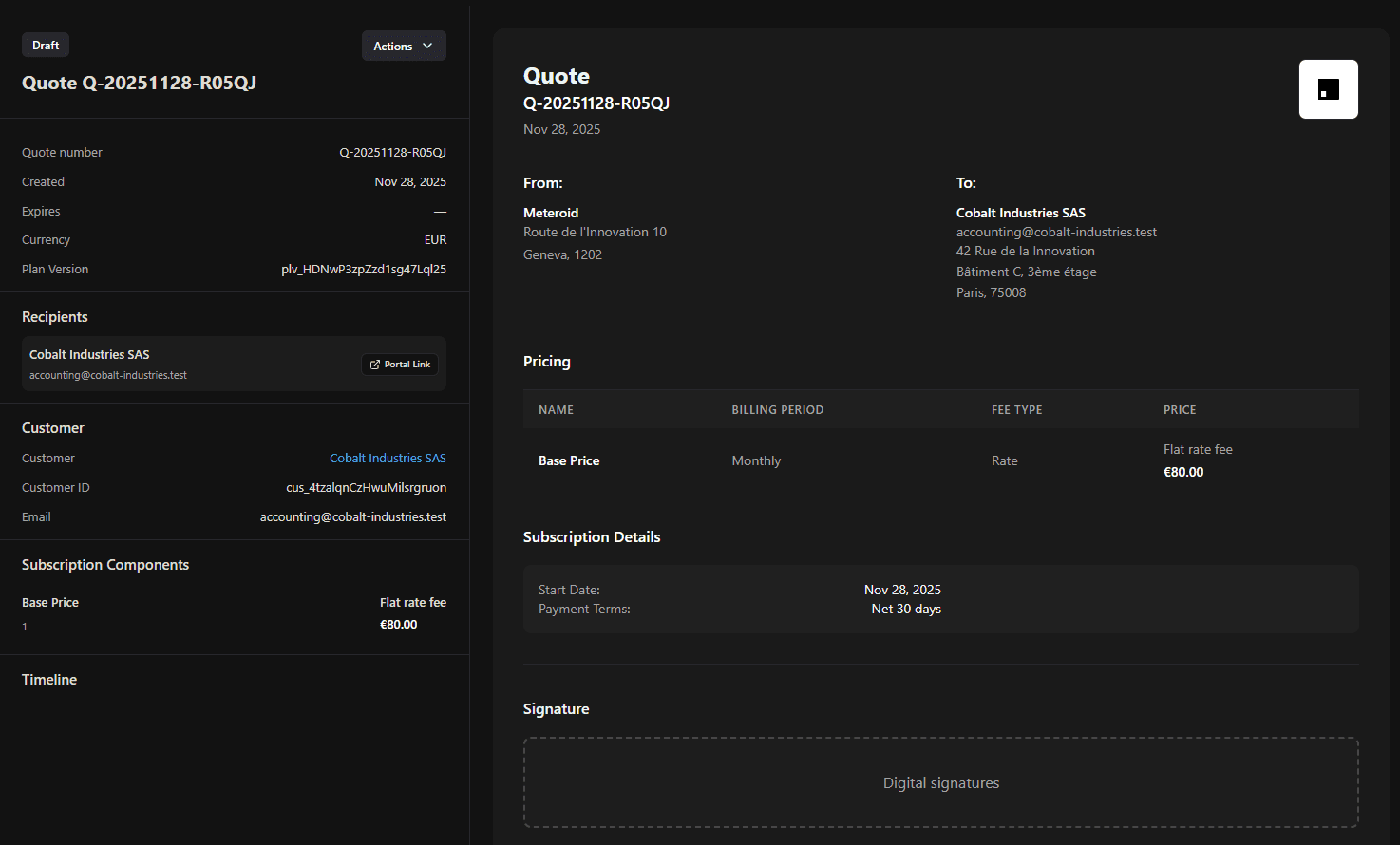 Example of quote configuration in Meteroid 