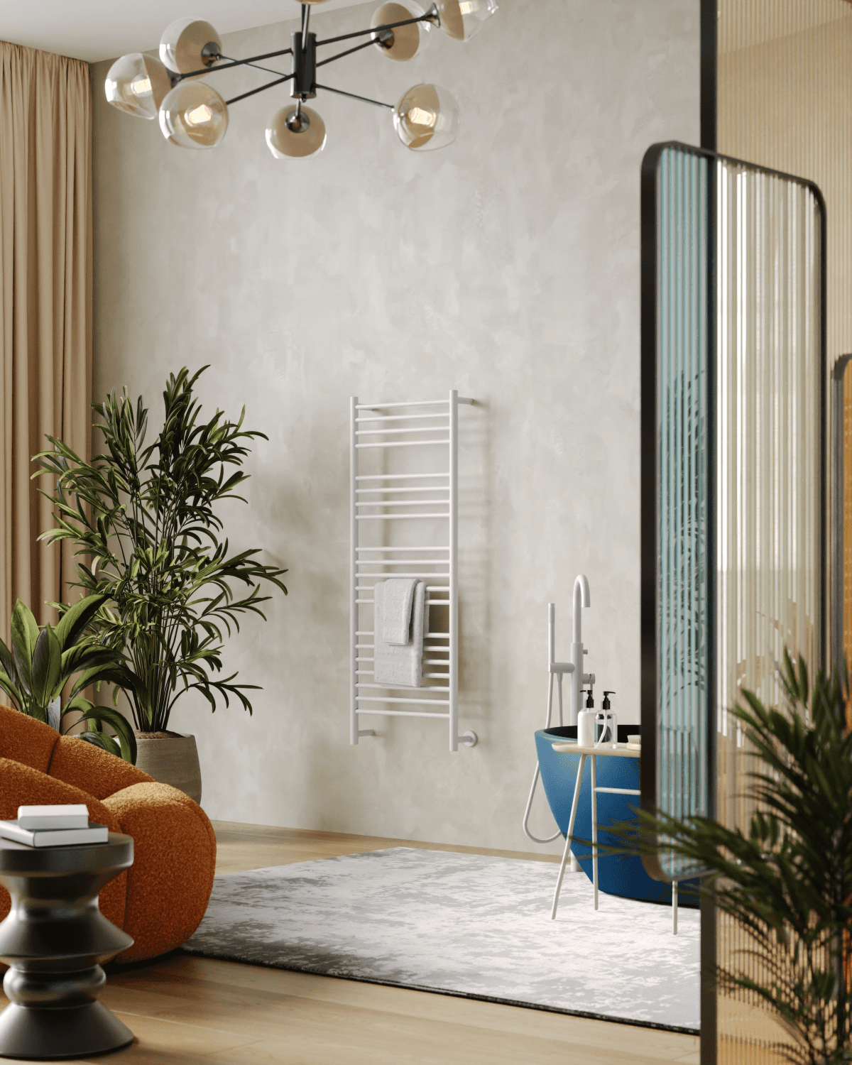 A minimalist bathroom with a large floor-to-ceiling window, a white bathtub, and a white vertical radiator.