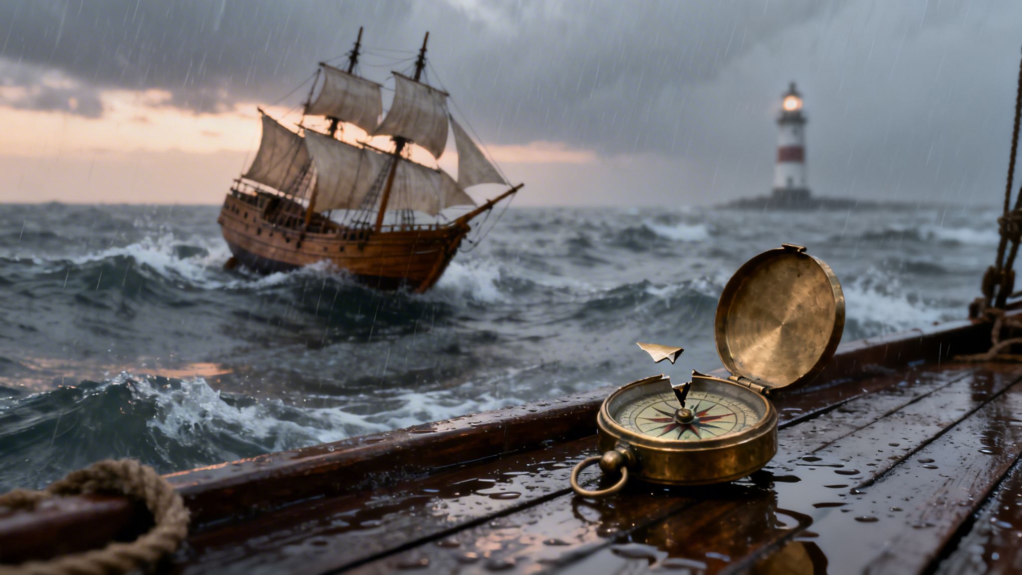 An old brass compass on a wet wooden ship deck during a stormy sea with a sailboat and lighthouse.
