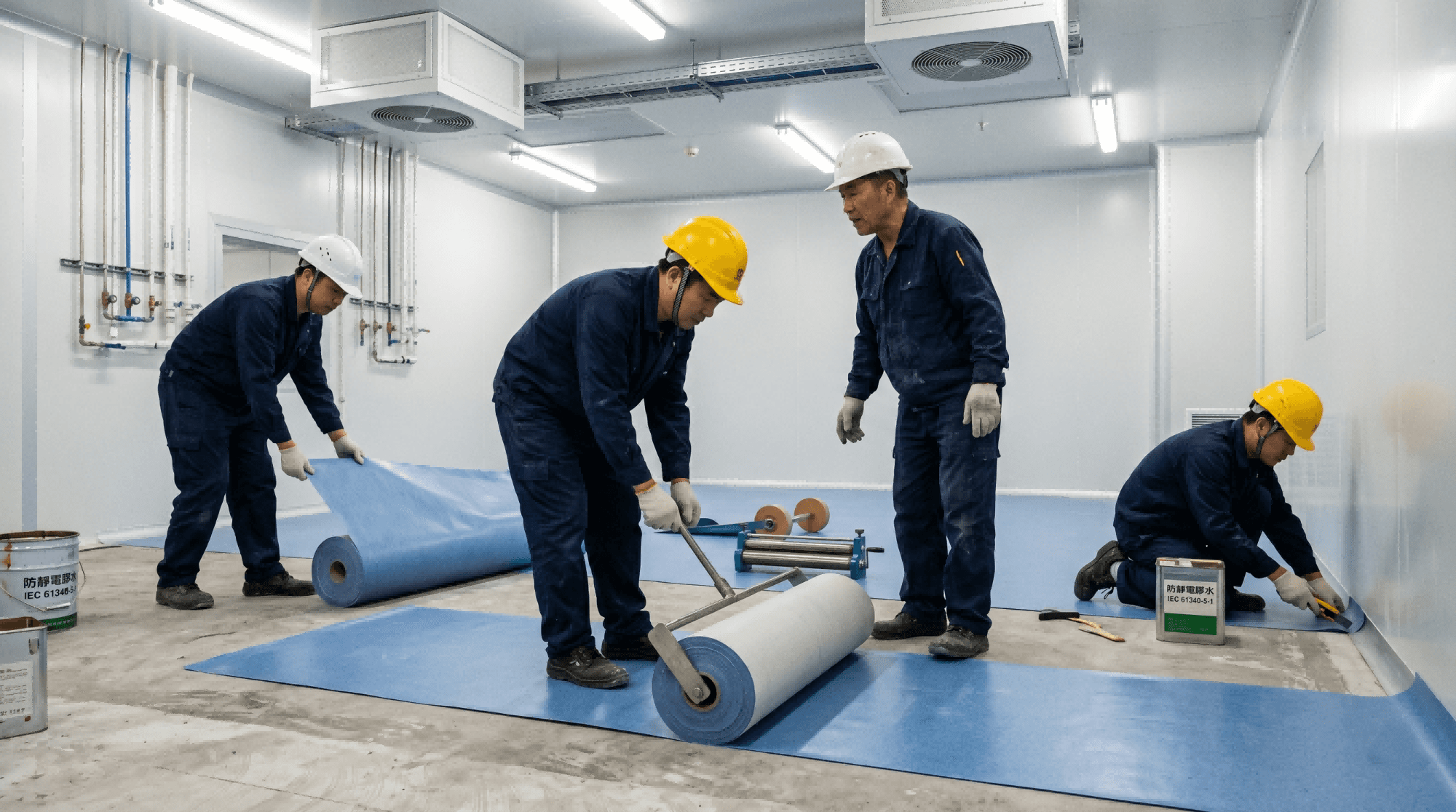施工團隊鋪設防靜電PVC地板實況(技術人員焊接導電銅帶與PVC捲材,打造符合IEC 61340-5-1的ESD地板系統,支援日後局部更換與彈性調整)