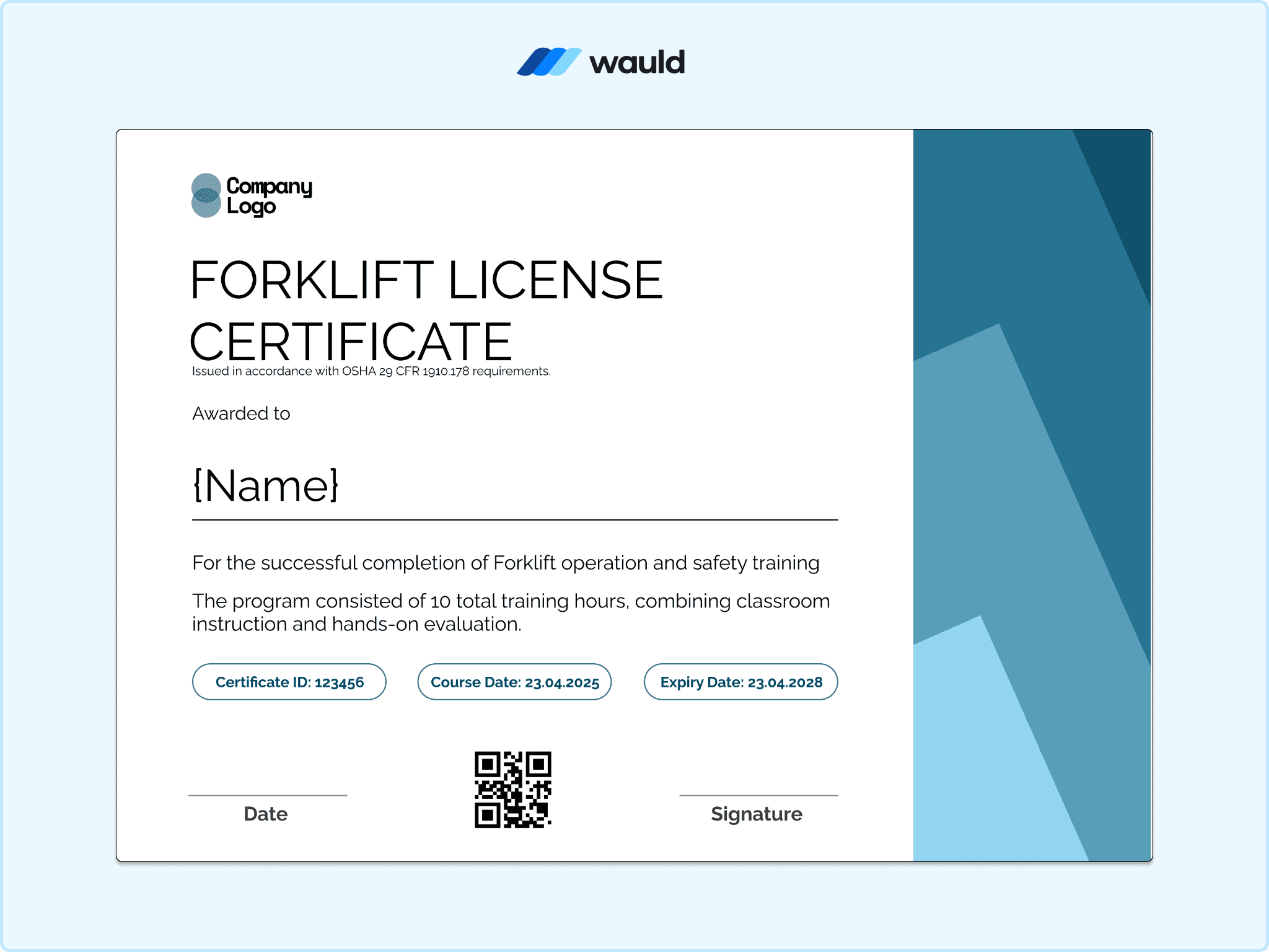 Blue header forklift license certificate template with recipient name field, training program details, certificate ID, QR code, and signature line