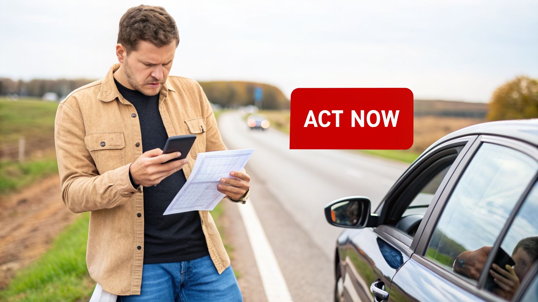 A confused man stands by his car on the roadside, holding a phone and paper, suggesting a car breakdown or problem.