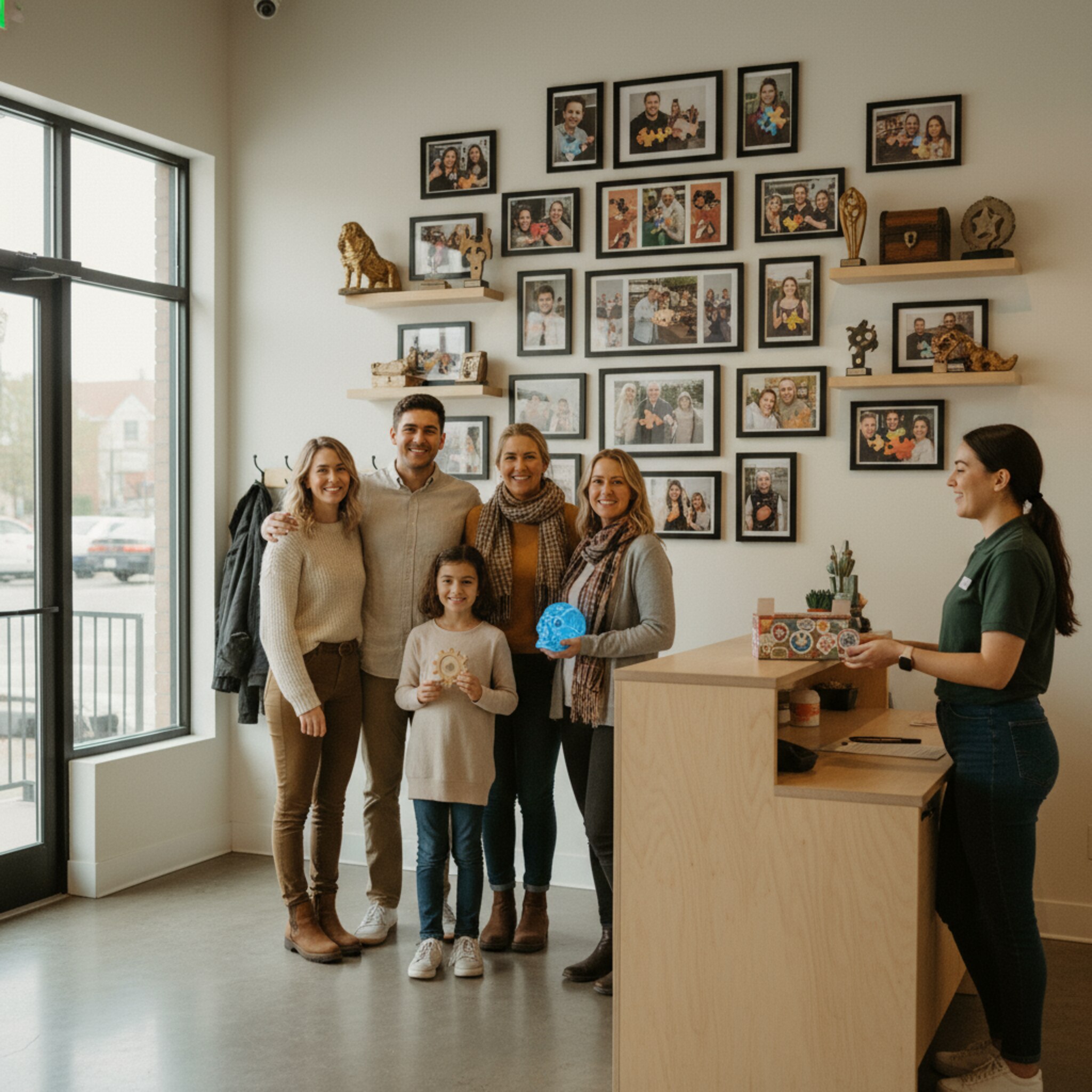 Im Empfangsbereich hängt eine Galeriewand mit Siegerfotos neben einem Regal voller thematischer Trophäen. Zwei Teams lachen, halten ein Puzzlesymbol in die Höhe und posieren. Eine Mitarbeiterin reicht eine kleine Box mit Erinnerungsstickern. Durch die Glasfront fällt weiches Tageslicht auf den polierten Boden.