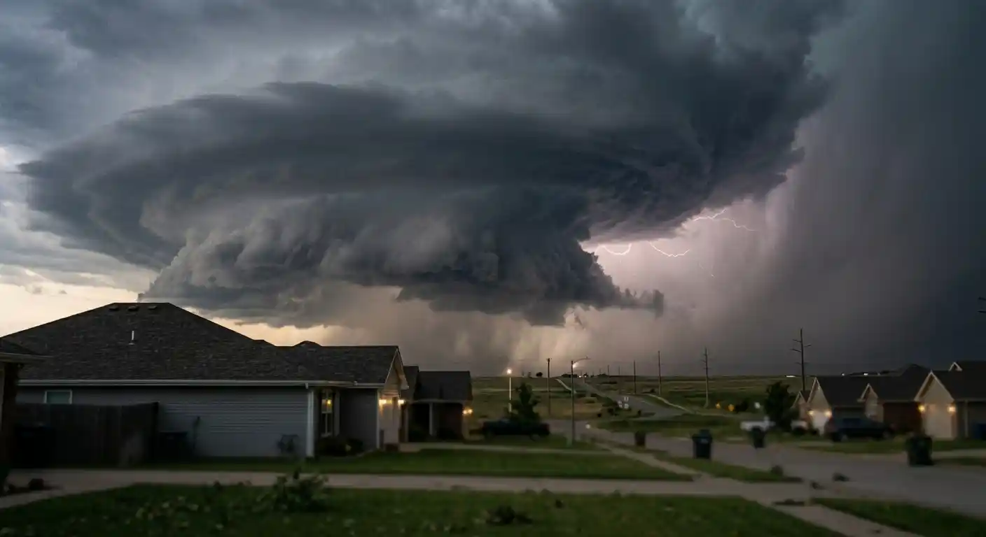 A dark storm supercell on the horizon of a suburban neighborhood