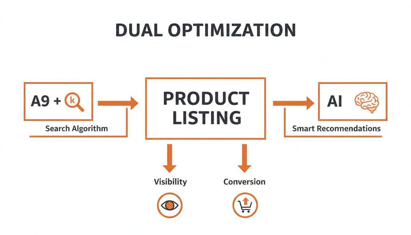 Diagram illustrating dual optimization for product listings, using search algorithms and AI for visibility and conversion.
