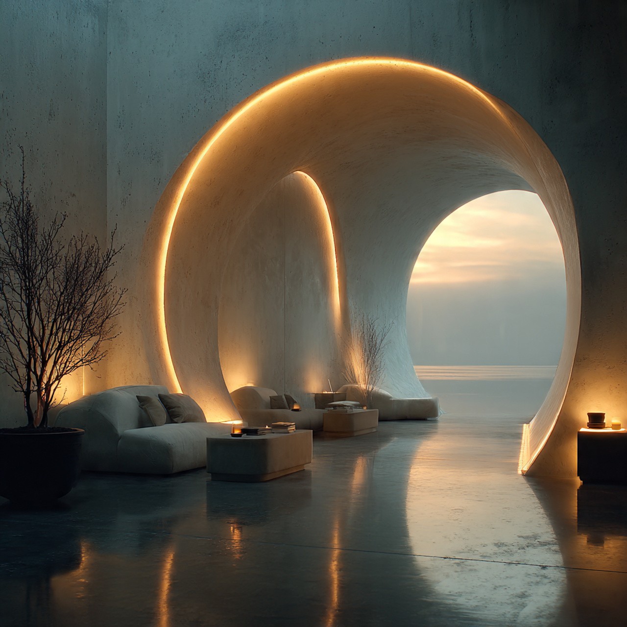 A serene, minimalist room with curved, lighted walls opens to a sunset view. Soft sofas, candles, and potted plants create a warm, tranquil atmosphere.