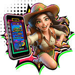 A female character holding a mobile phone showing an online casino interface, representing the standard commission plan.