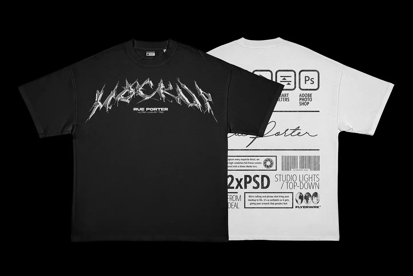 Rue Porter T-Shirt ironed mockup showing front and back design preview