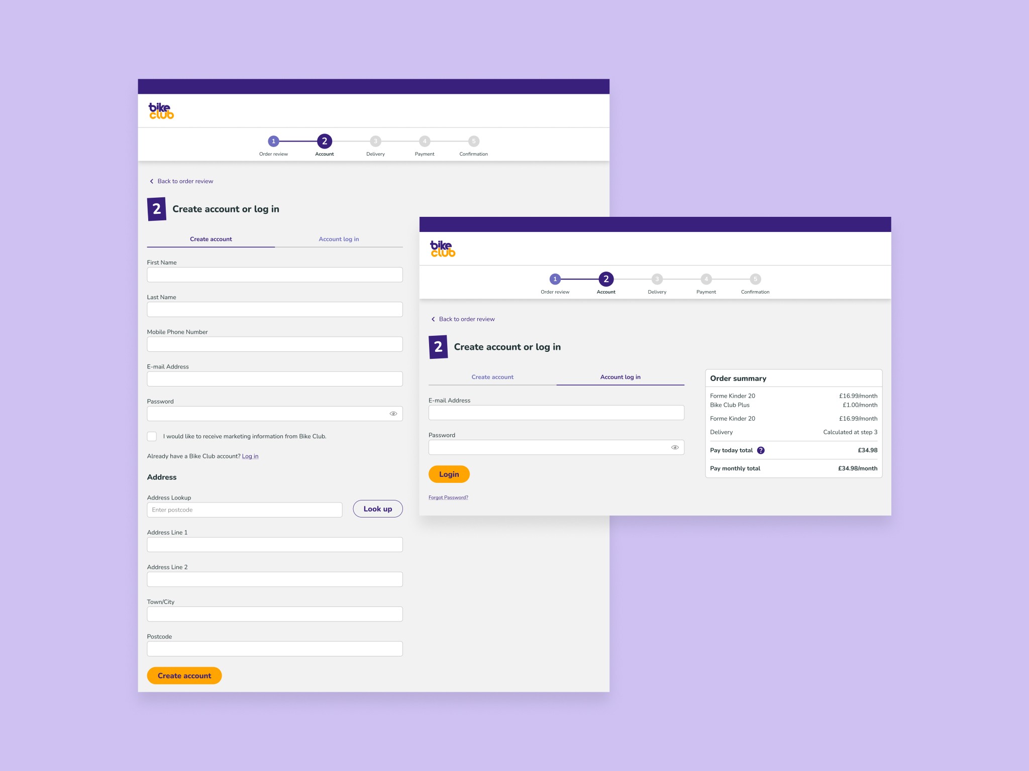 Two versions of a sign-up form on a website for creating an account or logging in. The forms include fields for personal information such as name, email, phone number, address, and password. One version is in a vertical format, and the other is horizontal.