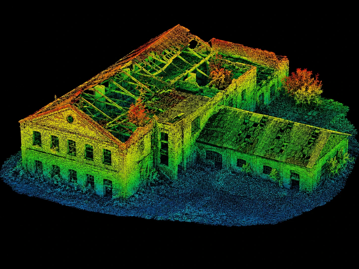 Dense LiDAR point cloud showing terrain and vegetation with ground detail visible