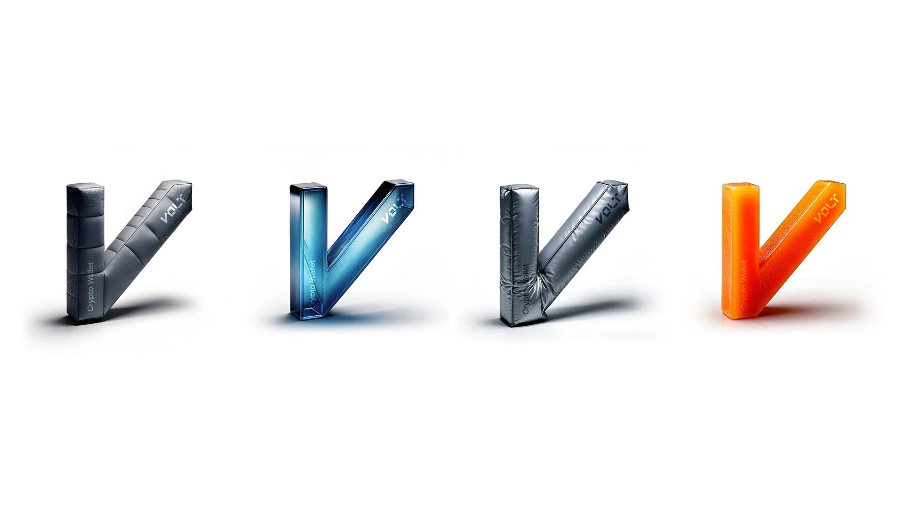 Four stylized V-shaped objects in black, blue, dark gray, and orange, each with textured surfaces and soft shadows on a white background.