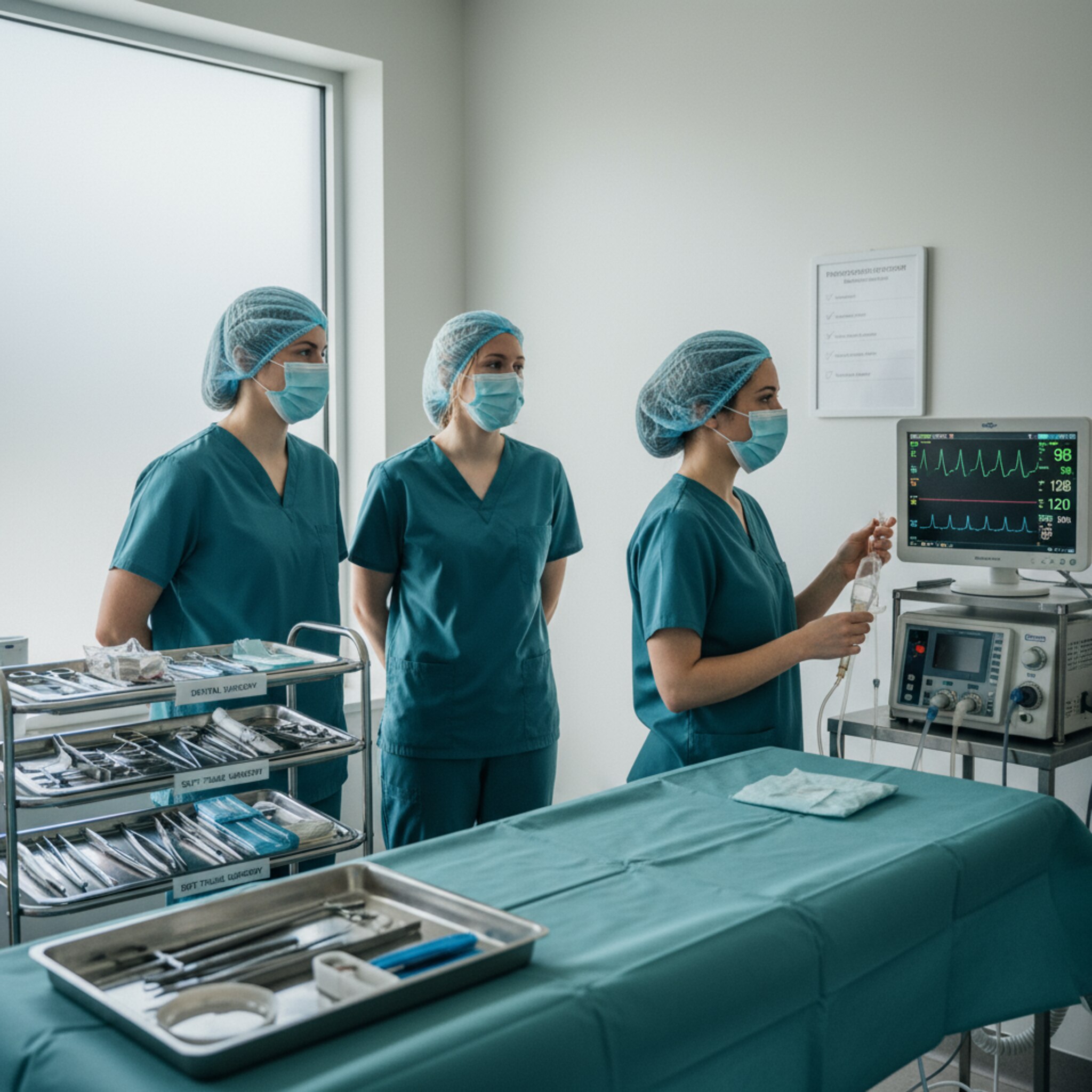 Ein OP-Tisch ist mit sterilen Tüchern vorbereitet, daneben hängen markierte Instrumentensets für Zahn- und Weichteilchirurgie. Eine Assistenz prüft mit ruhiger Hand die Narkosezuleitung. Das Team wirft einen letzten Blick auf die Checkliste an der Wand, bevor der geplante Eingriff startet.