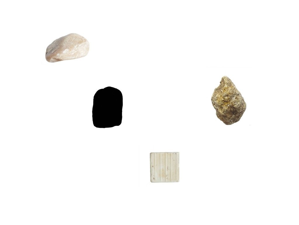 Five small stones arranged on a plain white background, including a smooth pale pebble, a dark rounded stone, a rough textured brown stone, and a small rectangular light-coloured piece with ridges, spaced apart from one another.