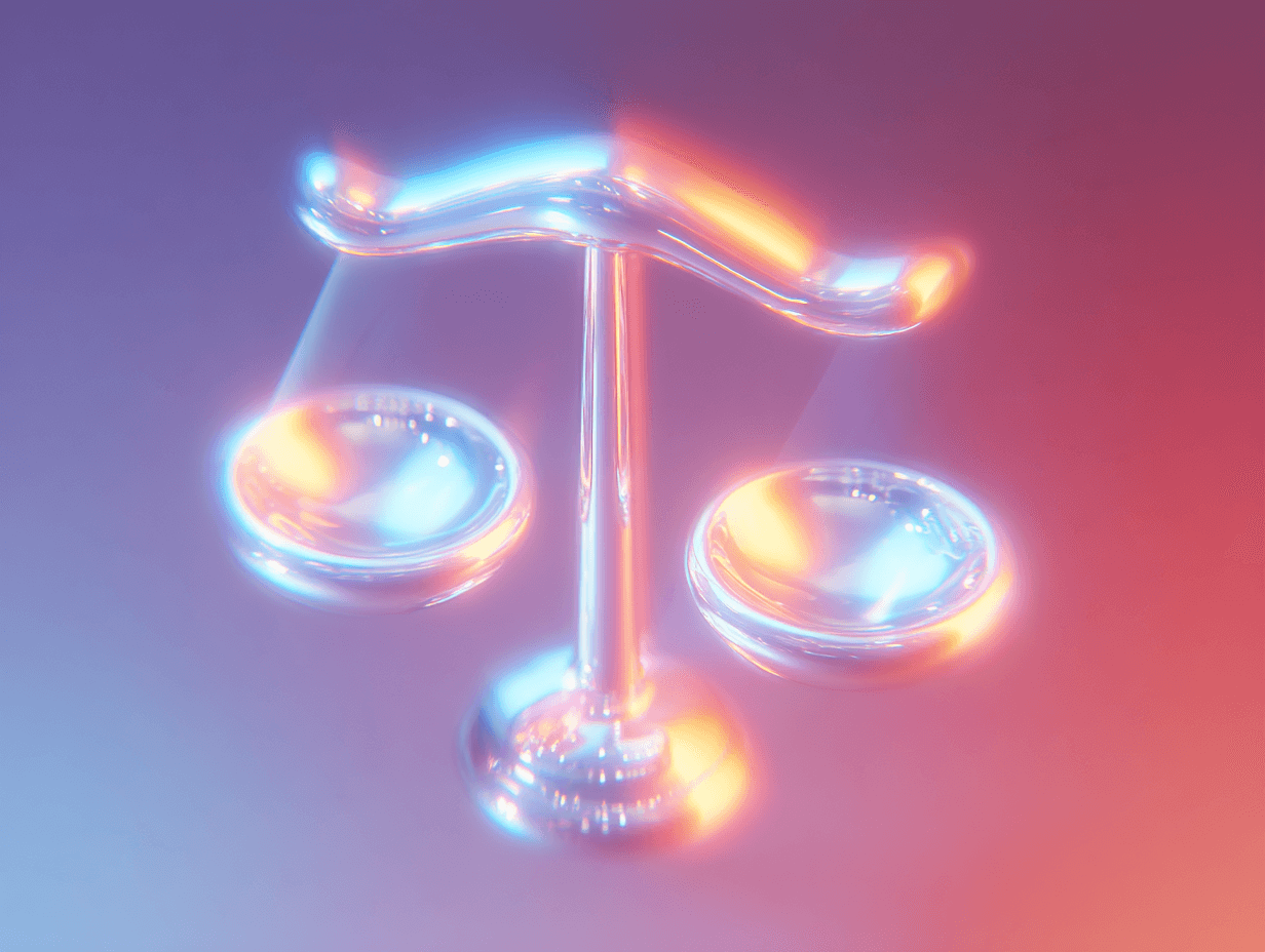 A little "out of focus" picture of an abstract justice scale. The colors and the build of the scale are holographic and in pastels. There is some light coming from the right side throwing both light and shade on to the scale. The bacground is purple slowly gradiating to blue on the left side. The purple slowly meets a magenta color towards the right side that breifly gradients to a peachy hue on the lower right corner. 