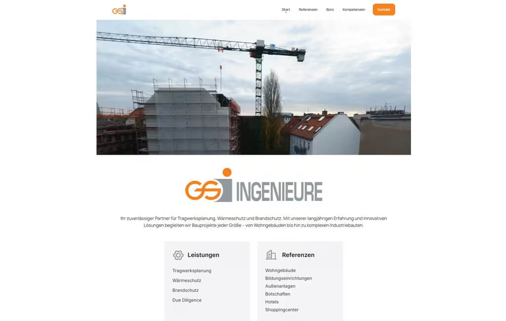 Website-Startseite von GSI Ingenieure mit Baustellenfoto, Logo, Leistungsübersicht und Referenzen wie Wohngebäude und Bildungseinrichtungen.