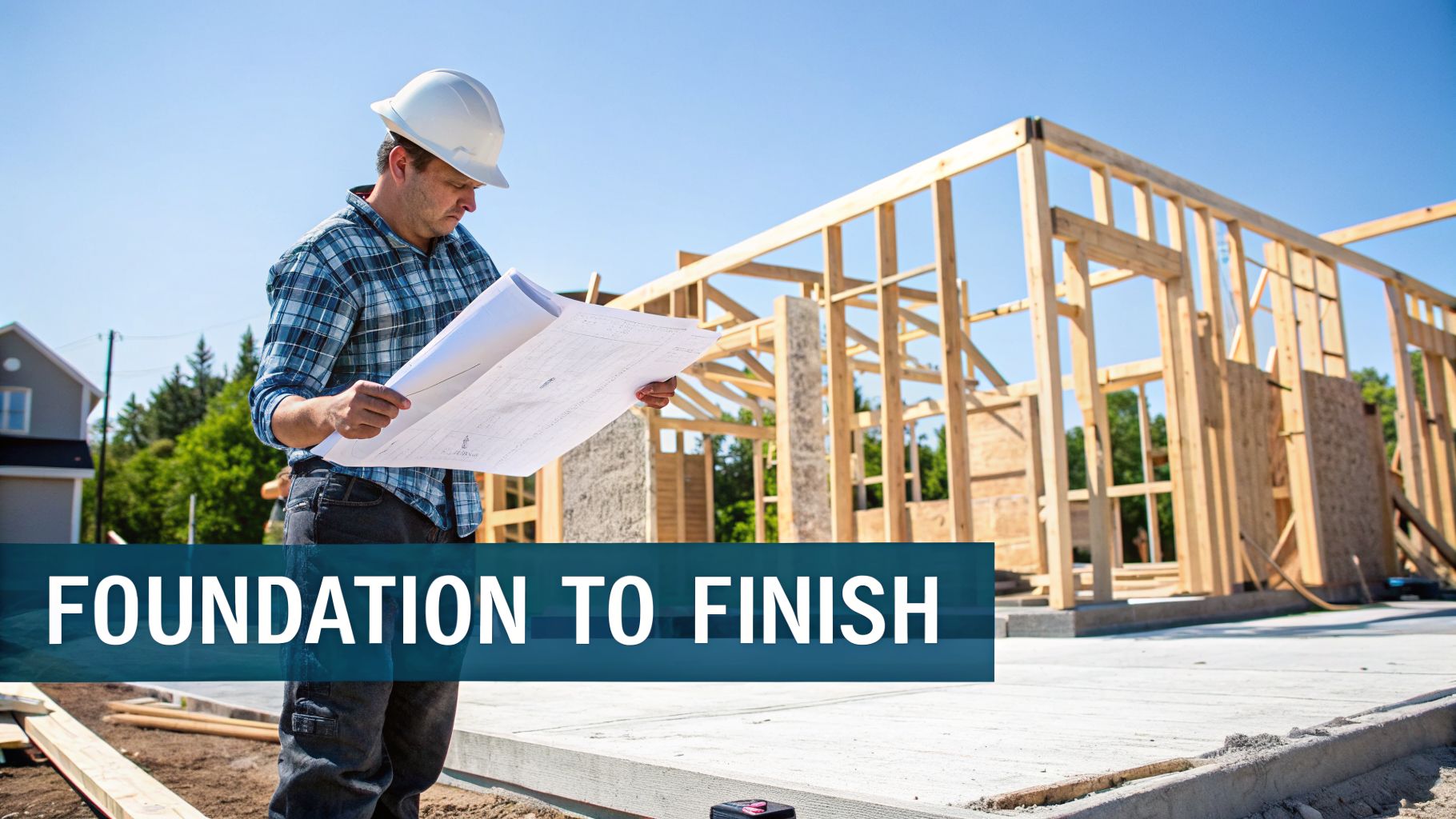 A construction worker in a hard hat reviews blueprints at a new home construction site.