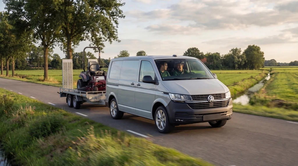 Volkswagen busje trekt een aanhanger met grasmaaier over een landweg.