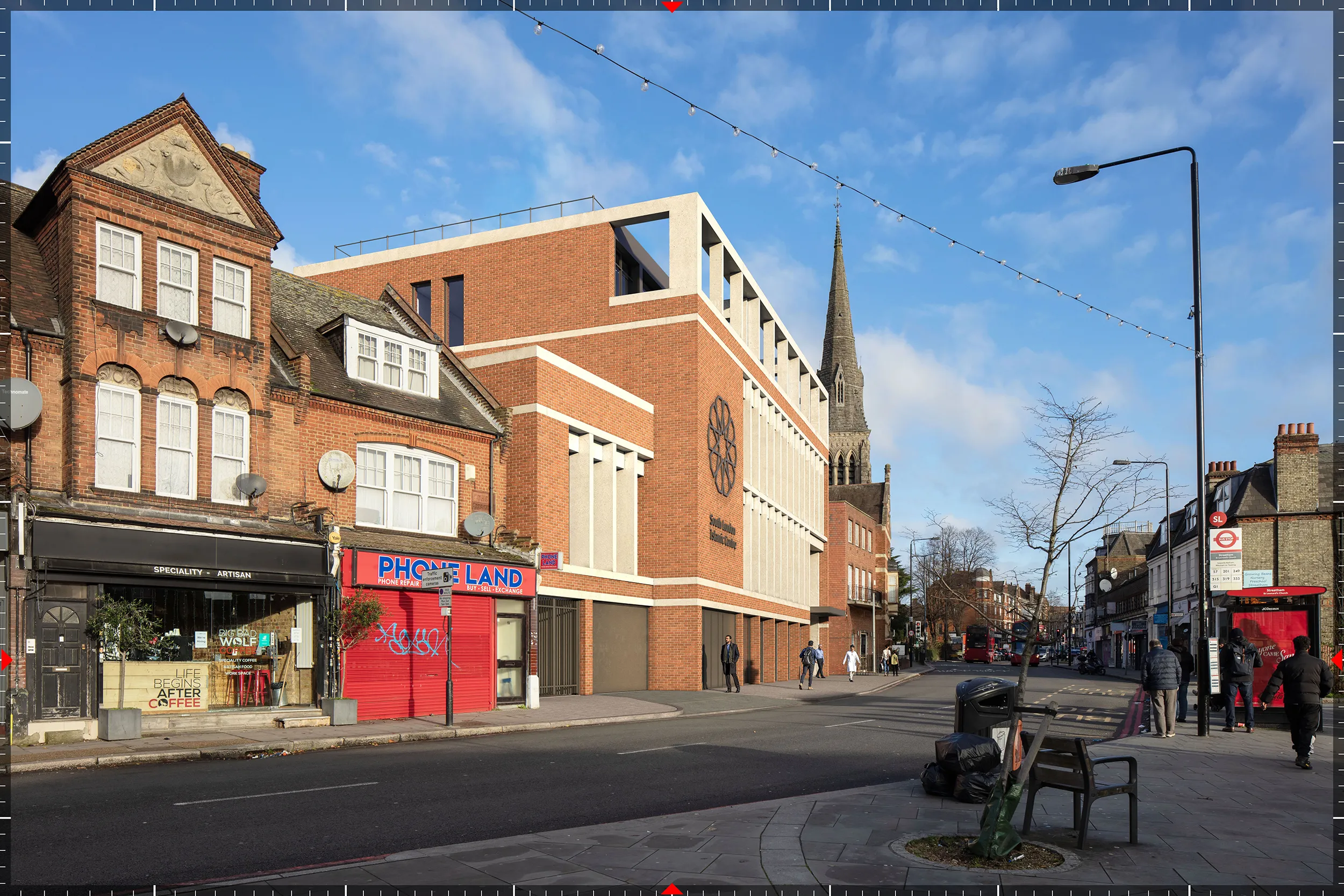 Fully rendered AVR3 verified view of the proposed South London Islamic Centre from Mitcham Lane, Streatham, London, prepared by Eye-Kon for the planning application.