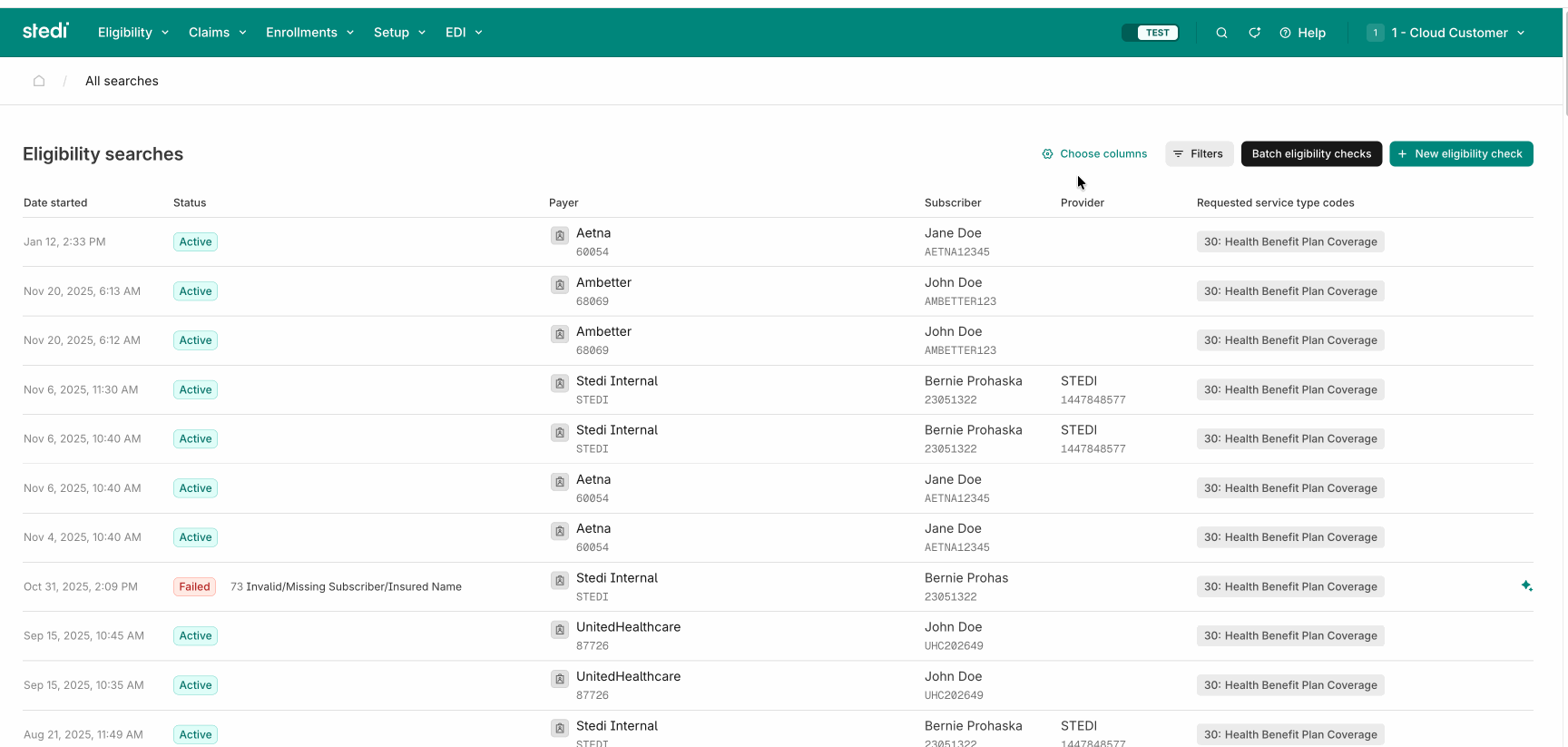 Search by check ID in the Stedi portal