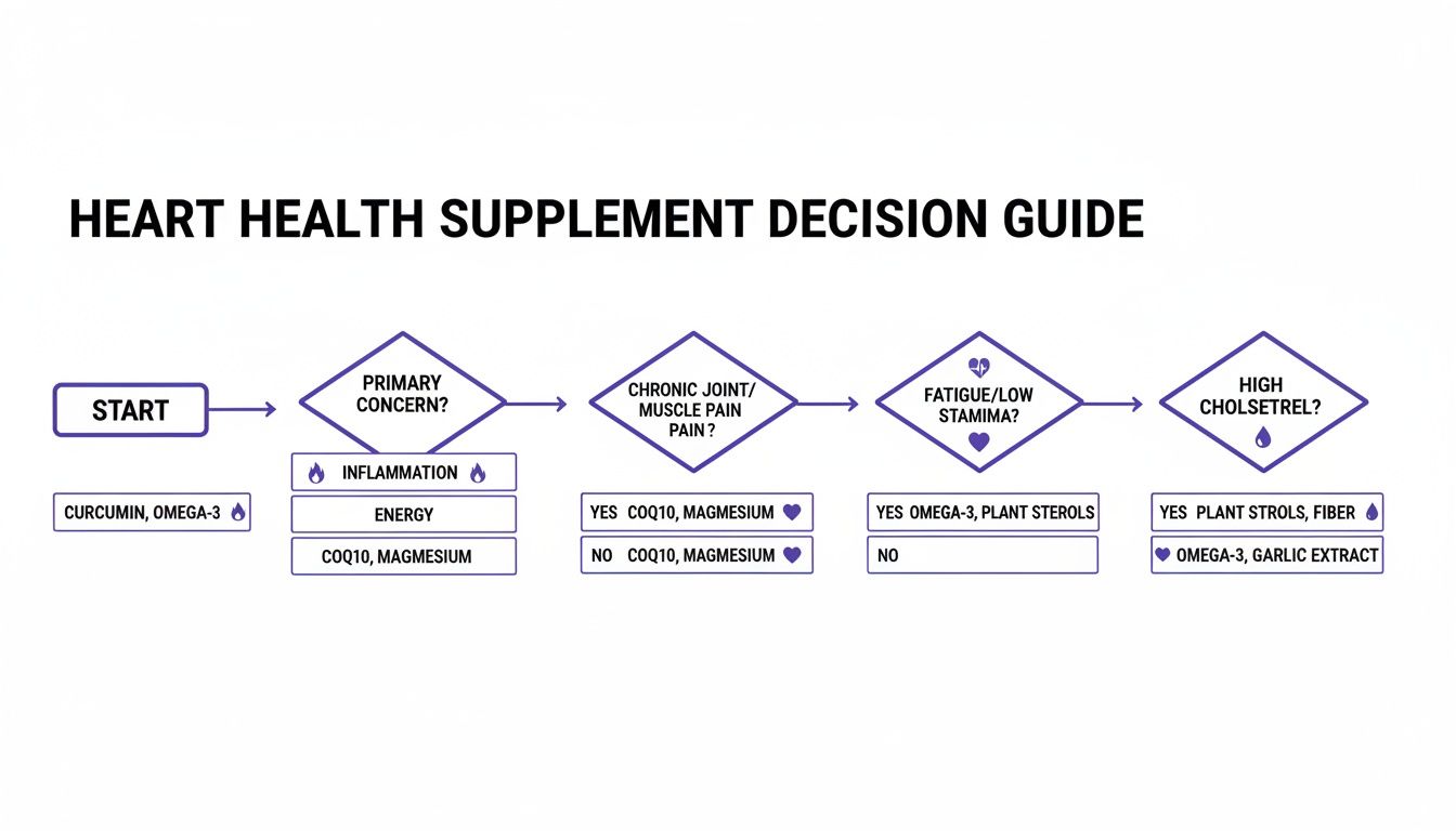 Flowchart illustrating a heart health supplement decision guide based on various health concerns.