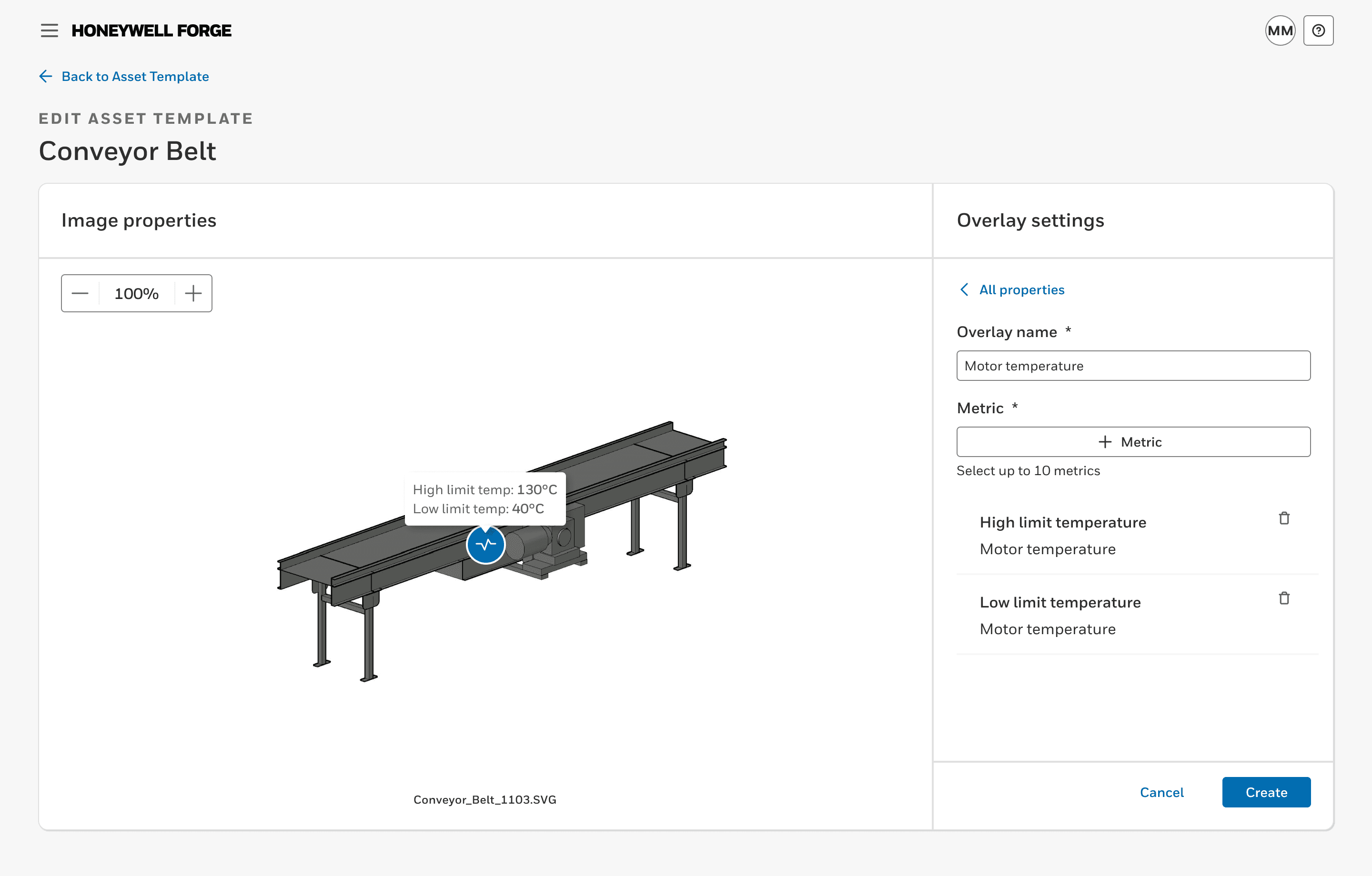 The metric overlay form with all needed information