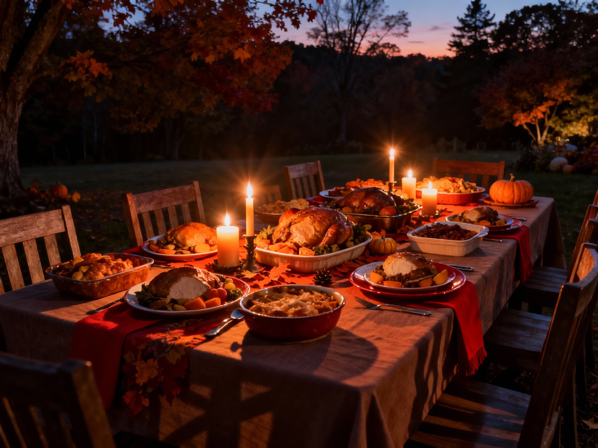A cinematic wide-angle editorial photograph of a cozy Thanksgiving dinner table outdoors during