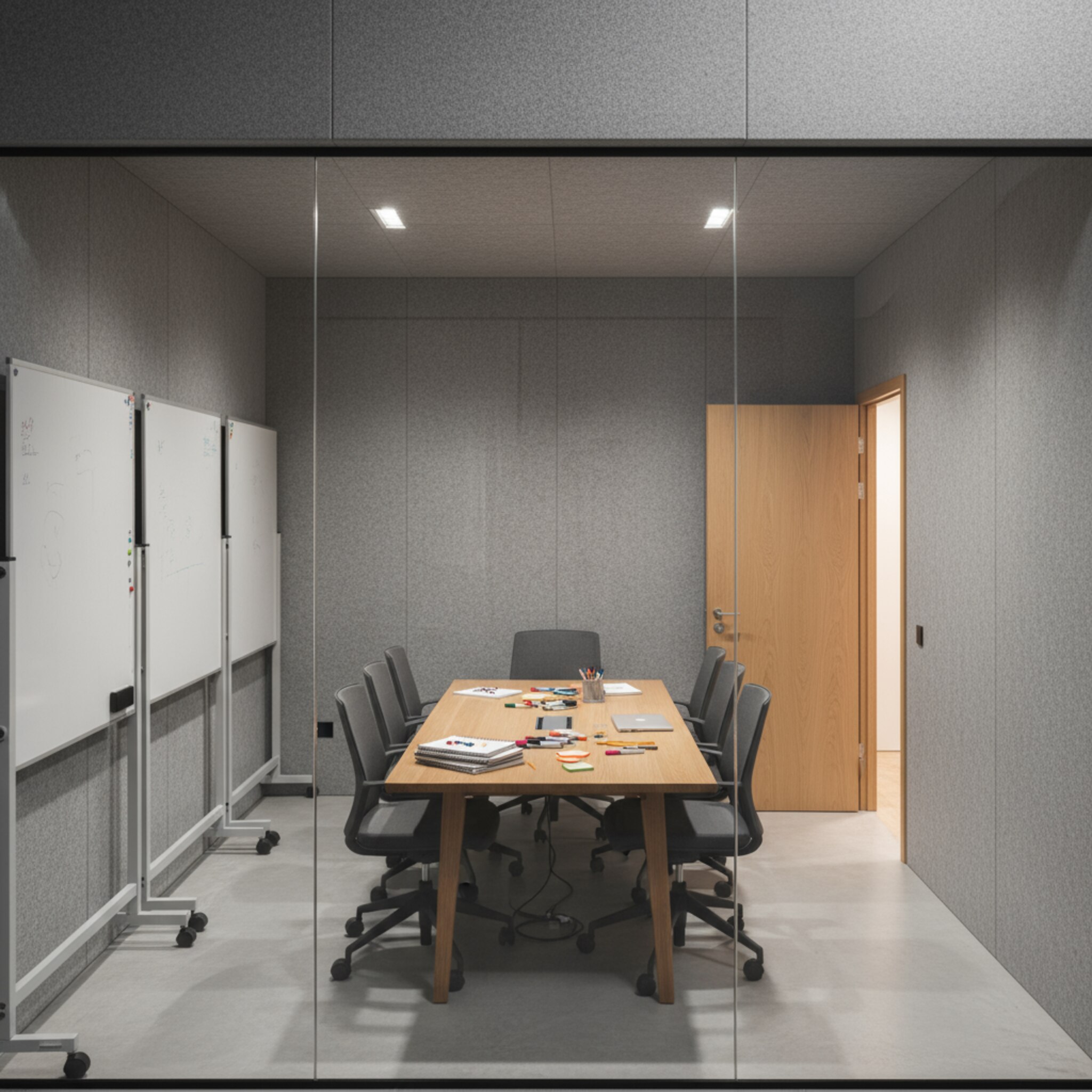 Ein abgeschlossener Projektraum mit Glasfront, akustisch gedämpft und mit beweglichen Whiteboards ausgestattet. Auf dem großen Tisch liegen Stifte und Papier, die Stühle sind ordentlich ausgerichtet. Eine Tür steht halb offen und lässt warmes Licht hinein. Die Situation vermittelt Vertraulichkeit und Fokus.