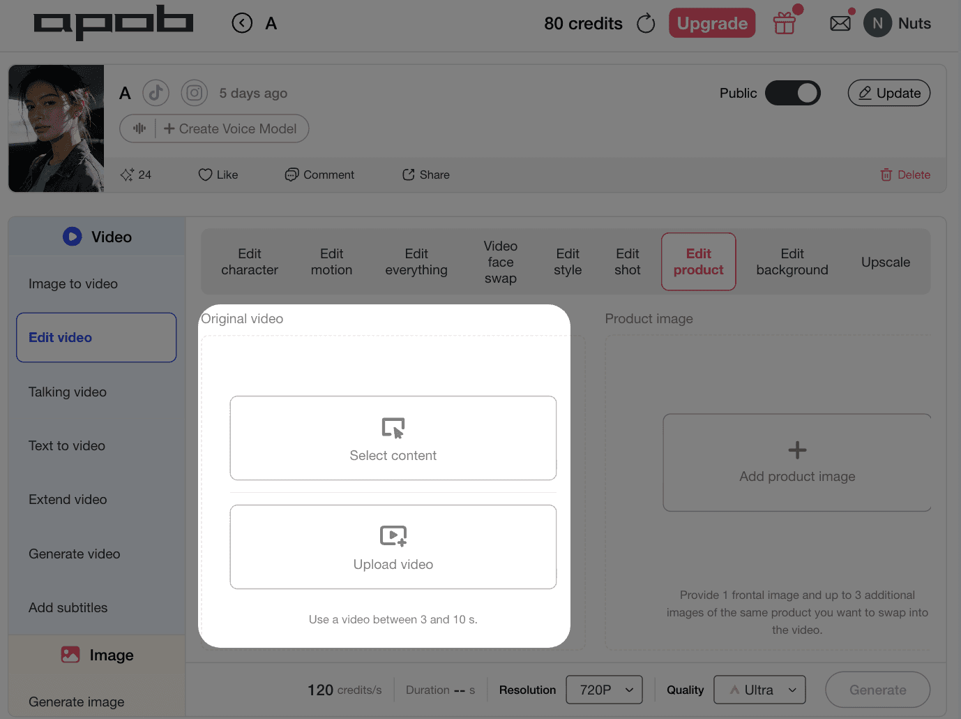 Générateur de publicité vidéo APOB AI mettant en avant l’import de vidéo originale pour transformer de courts clips en annonces produit IA.