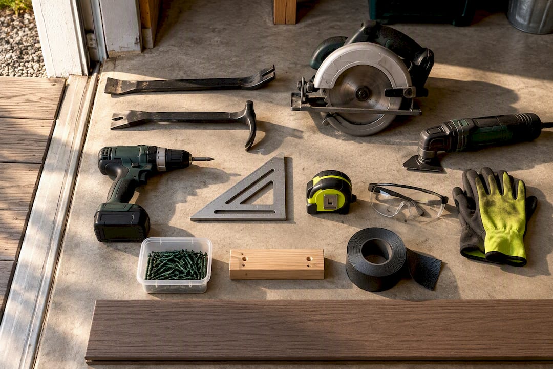 Deck repair tools and materials arranged overhead
