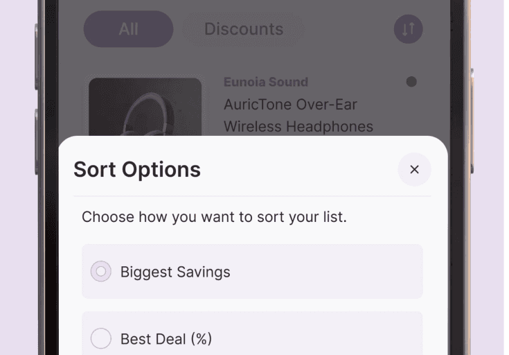 Whisprice mobile app interface displaying the new Sort Options menu, featuring options to organize the wishlist by Biggest Savings, Best Deal (%), Lowest Price, and Recently Added.