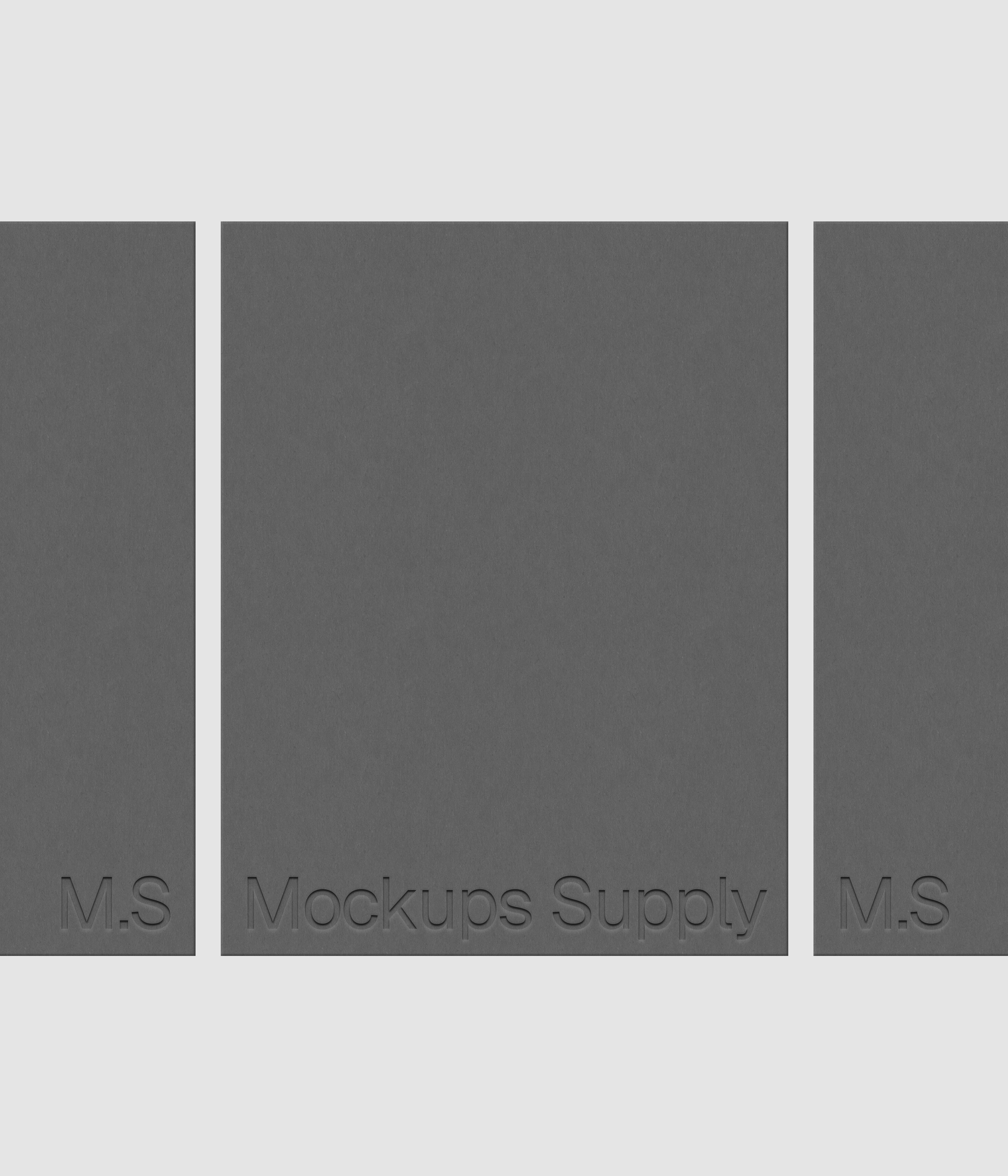 Three US Letter paper mockup PSD portrait with debossed logo effect, gray papers on white background, clean modern stationery mockup for print design and brand identity