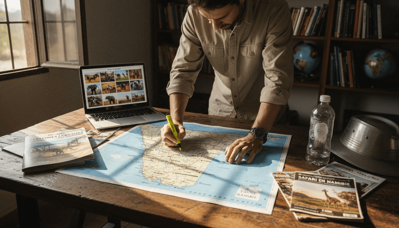Conseiller voyage élaborant un itinéraire personnalisé pour un safari en Namibie