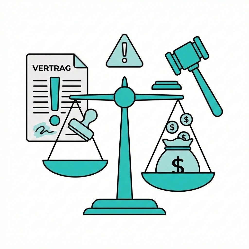 Illustration einer Waage, die sich durch einen schweren Geldsack neigt, umgeben von Vertrag und Richterhammer.