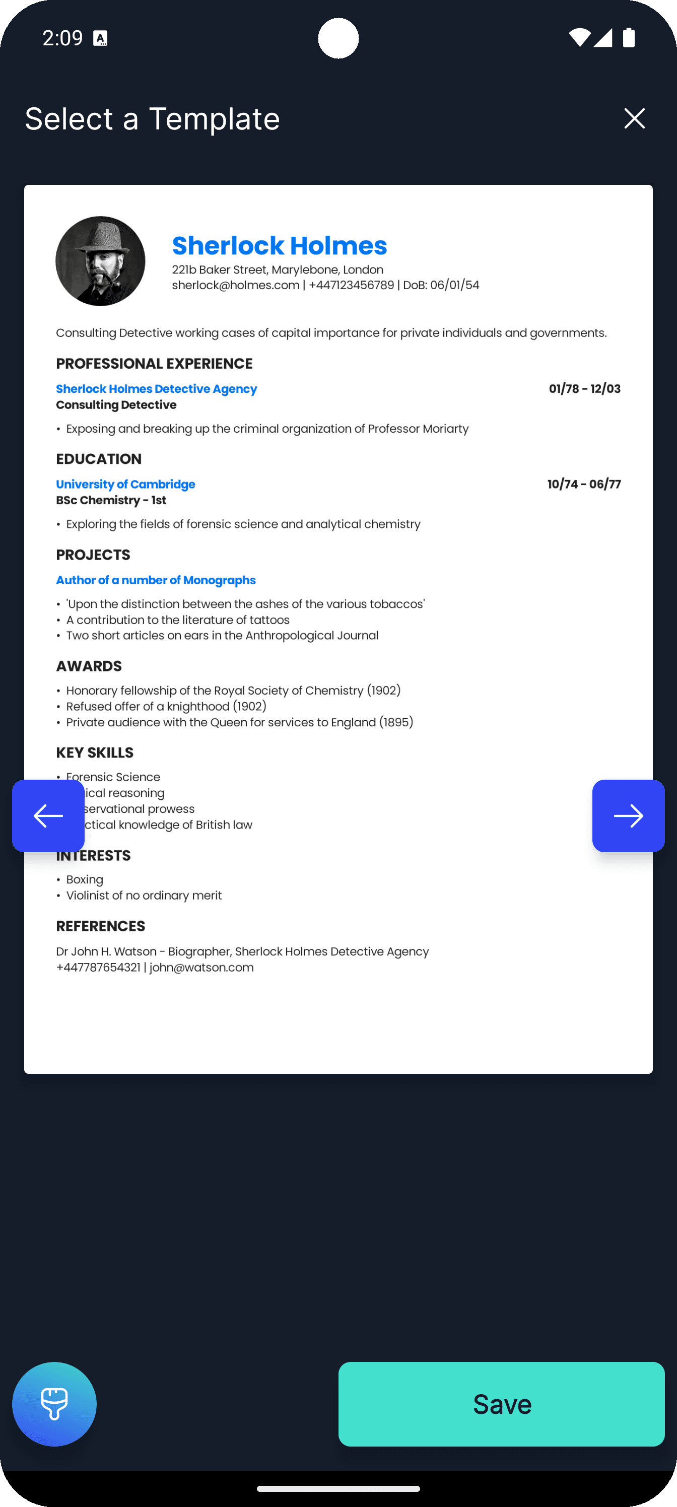 Select a resume template screen in the CV Engineer Android app