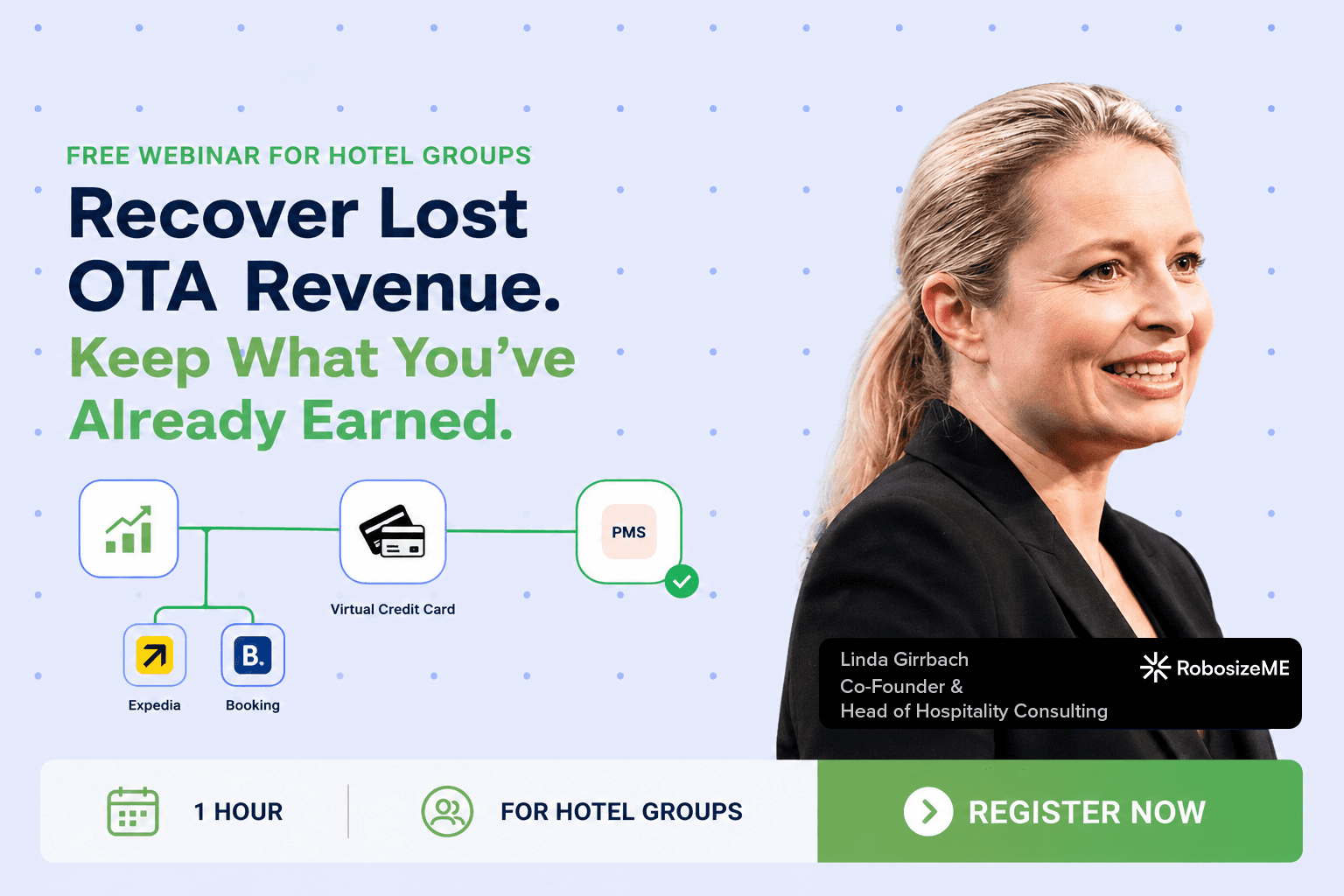 hero image with linda Girrbach to present the webinar for hotels to recover lost OTA revenue