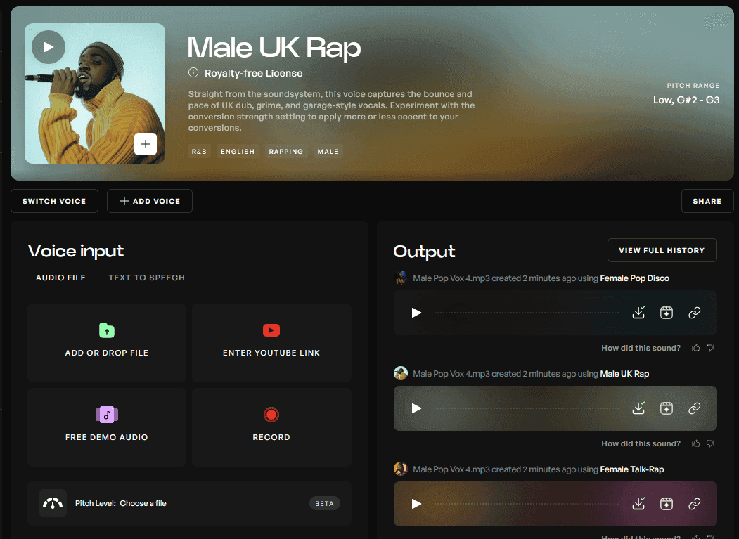 Voice conversion page with Male UK Rap voice selected