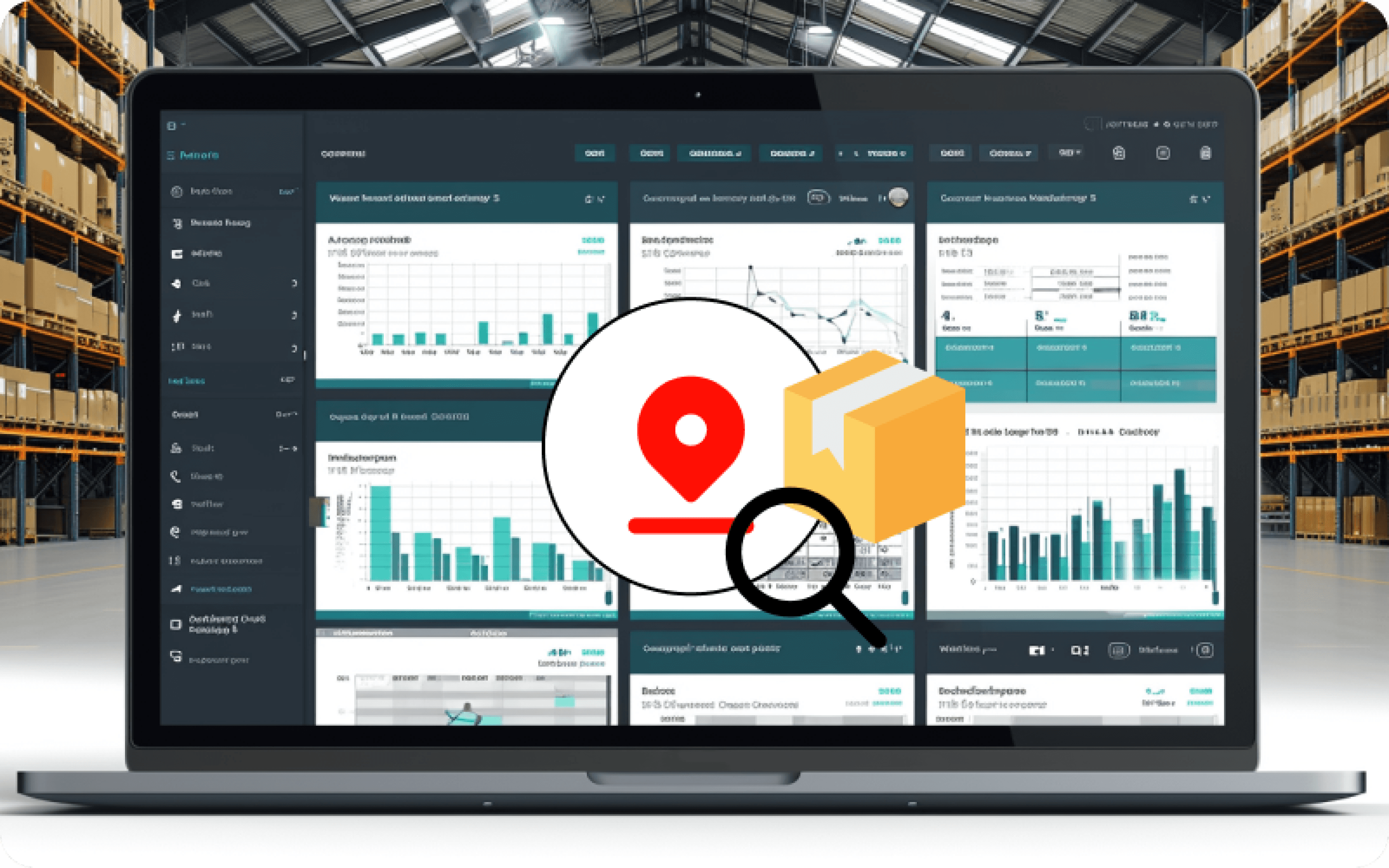 Pharmacy inventory management software dashboard in warehouse backgroun