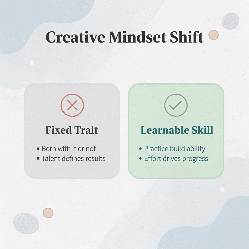 Before and after comparison showing shift from viewing creativity as a fixed trait to a learnable skill