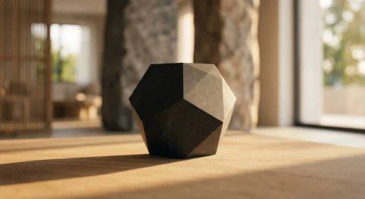 Black geometric dodecahedron sculpture in a minimalist sunlit interior - Energy State integrated biohacking concept