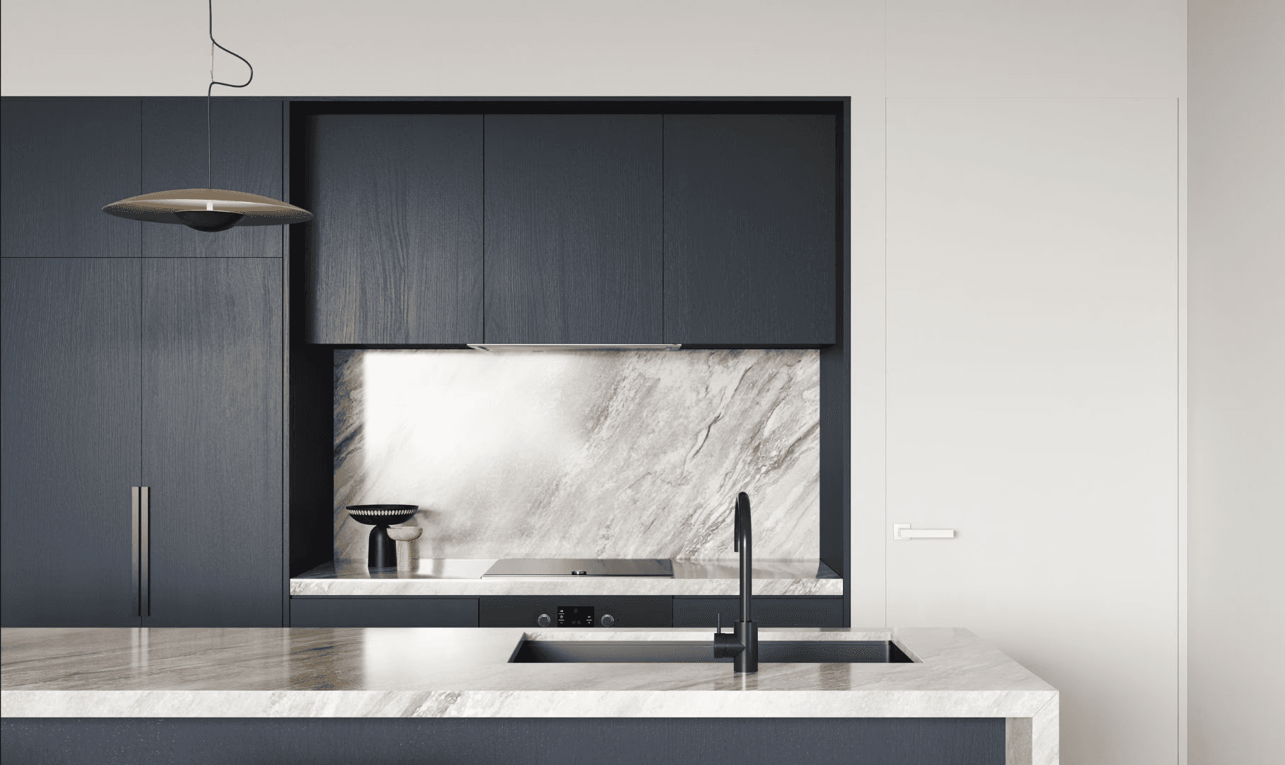 3D interior render of a modern kitchen with dark cabinetry and marble countertop in a luxury off-plan apartment