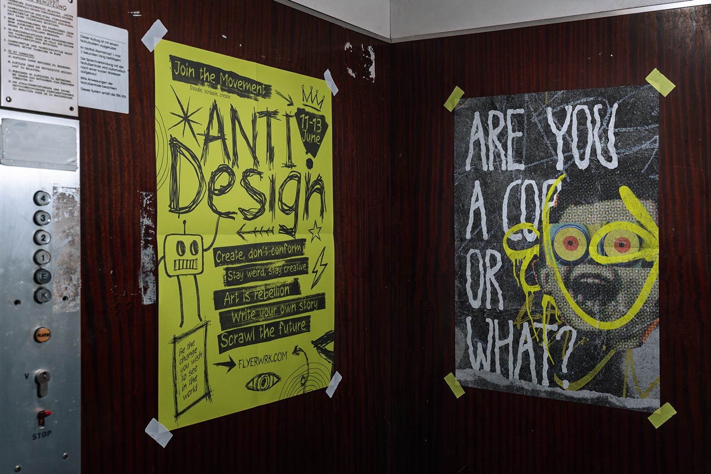 Elevator Poster Mockup displaying a vibrant green anti-design poster and a grainy illustrative poster on wood panels