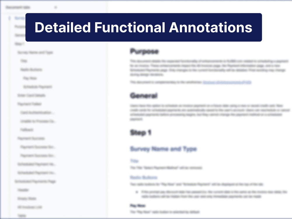 An anonymized screenshot of a detailed functional annotations document with dozens of organizational headings.