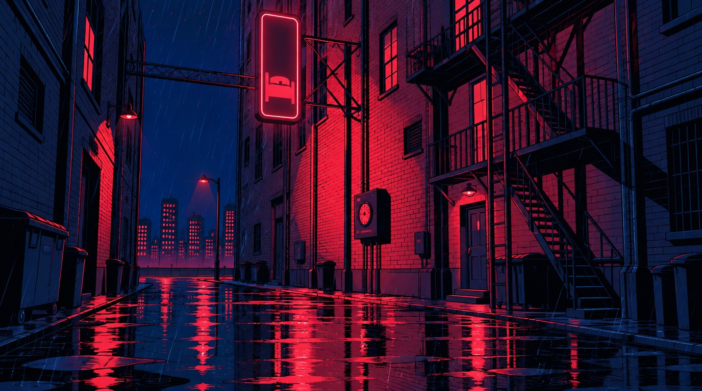 Rain-soaked brick alley under the red MERIDIAN neon sign