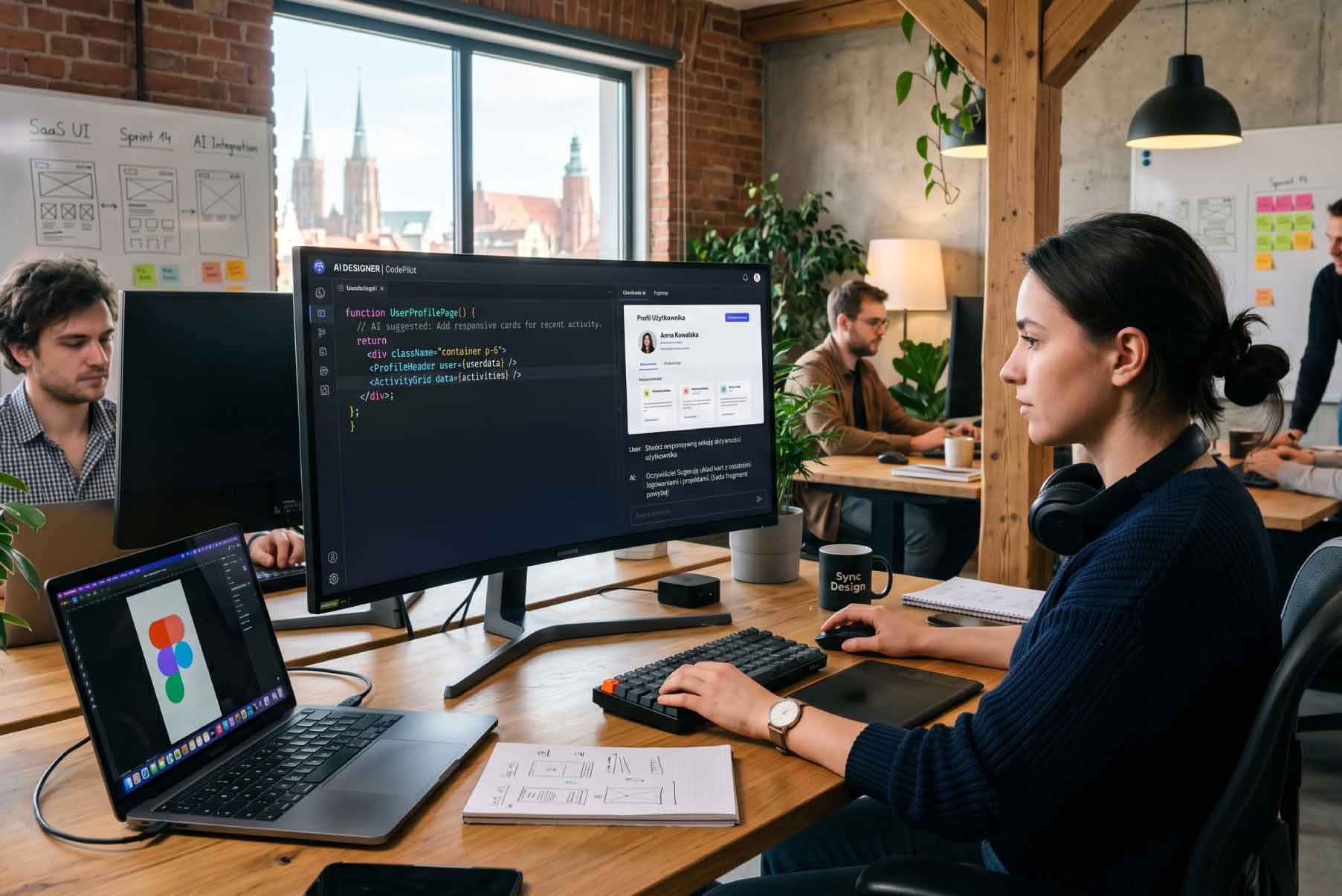 Specjalistka pracująca nad kodem i interfejsem z wykorzystaniem asystenta AI pokazująca praktyczne zastosowanie vibe coding w procesie web designu we wrocławskim studiu.