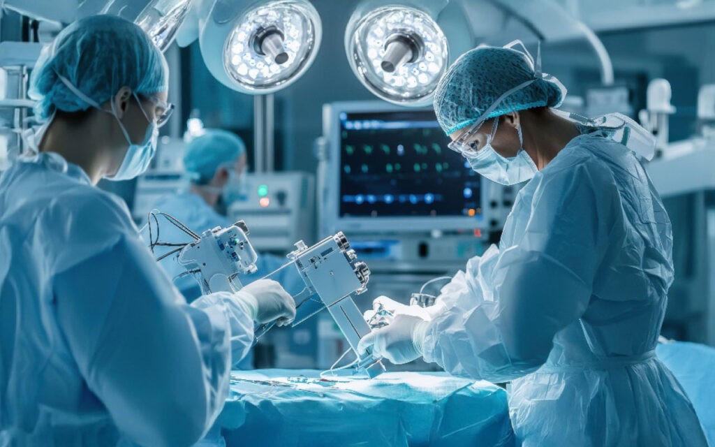 Operating room with 3 staff standing around the operating table