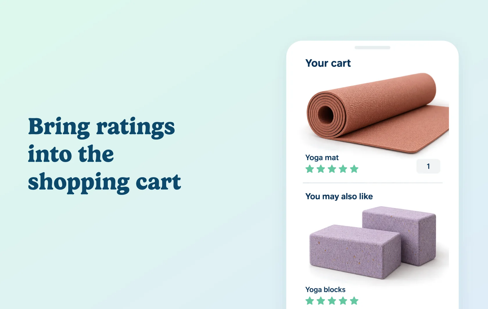 Judge.me and iCart integration: illustration of a shopping cart with a yoga mat and a recommended yoga block, each displaying product star ratings.